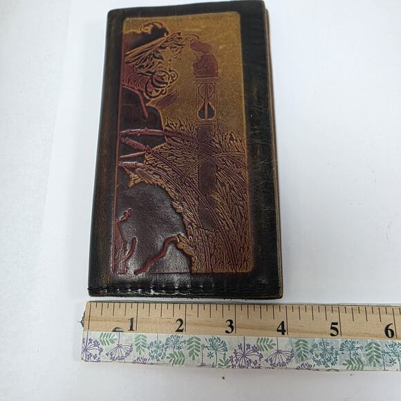 Tooled Embossed Leather Wallet Bi-Fold Checkbook Long Vintage Heritage - Picture 12 of 13